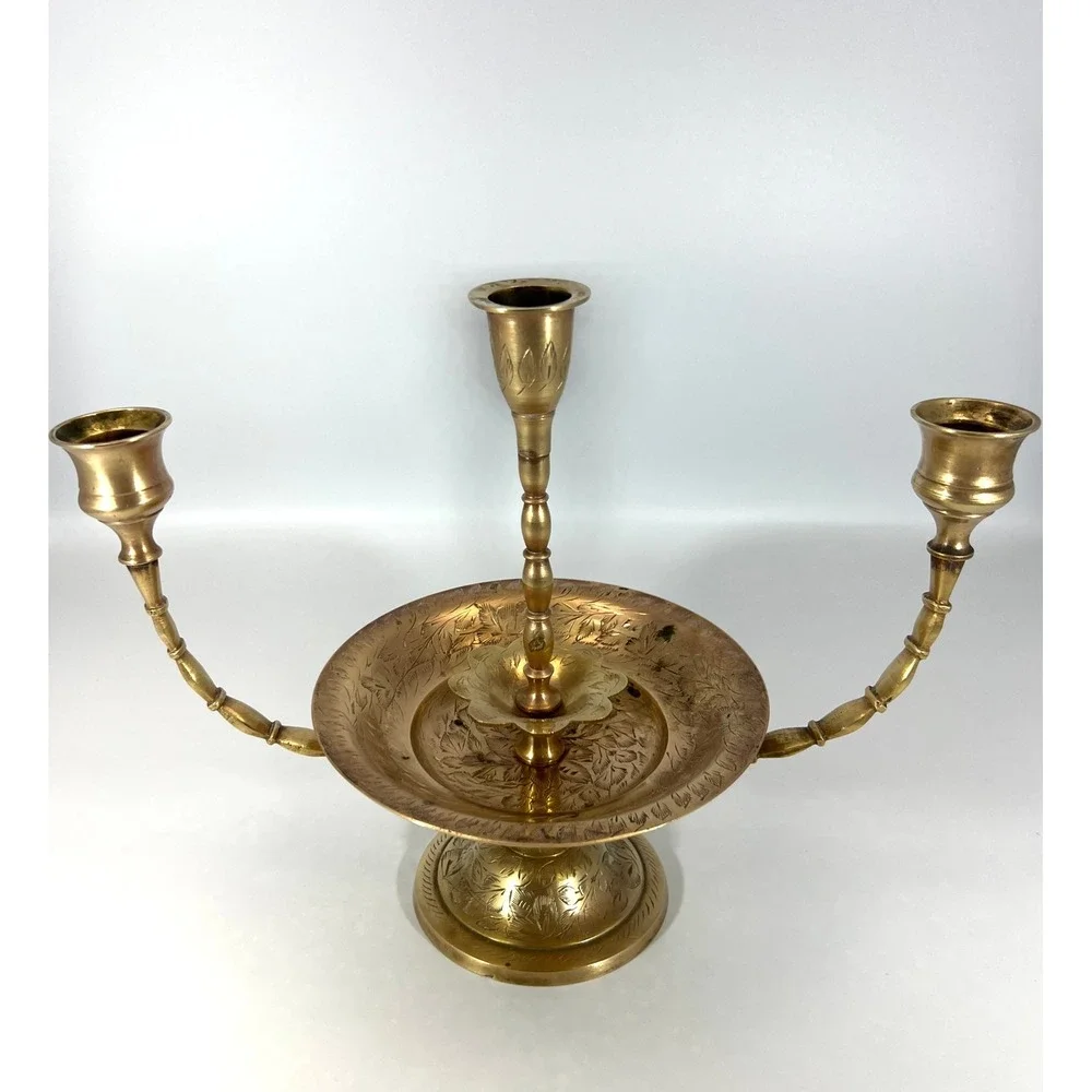 Vintage Etched Brass 3 Arm Candelabra Centerpiece India 9.5 Inch